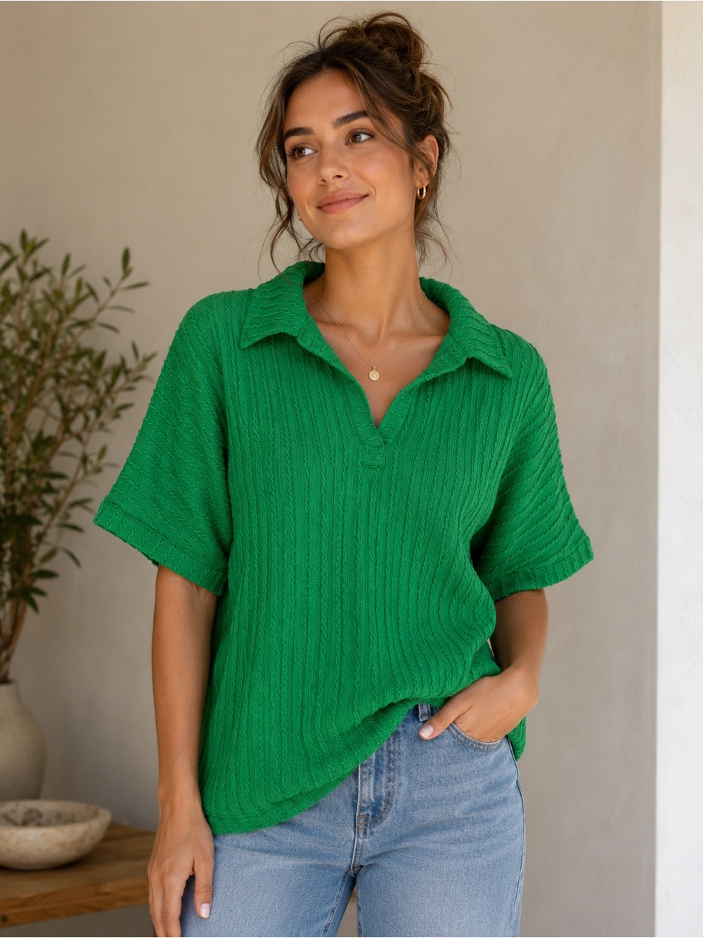 BOMBOM Kelly Green Textured Sweater Top Size Small